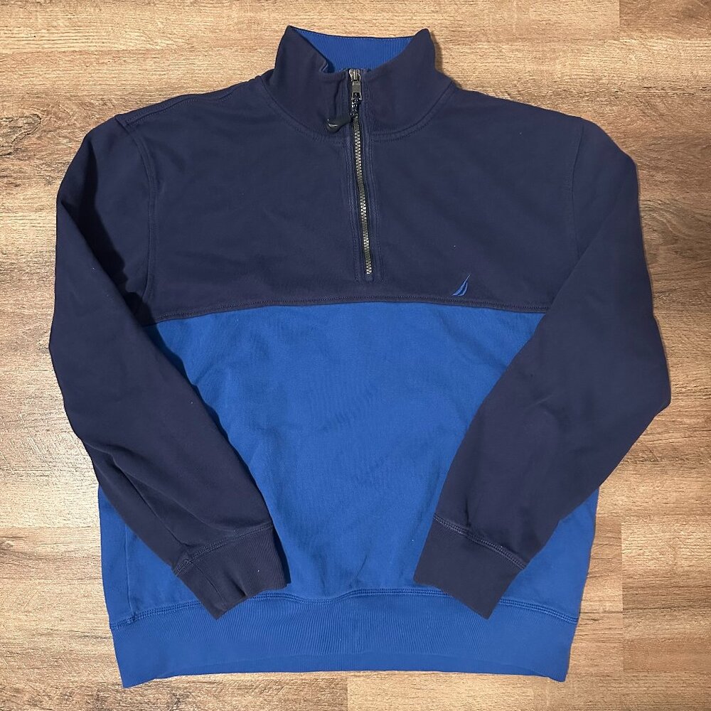 Nautica Turtleneck Sweater Mens Large Blue Two Tone Long Sleeve Polyester Fleece